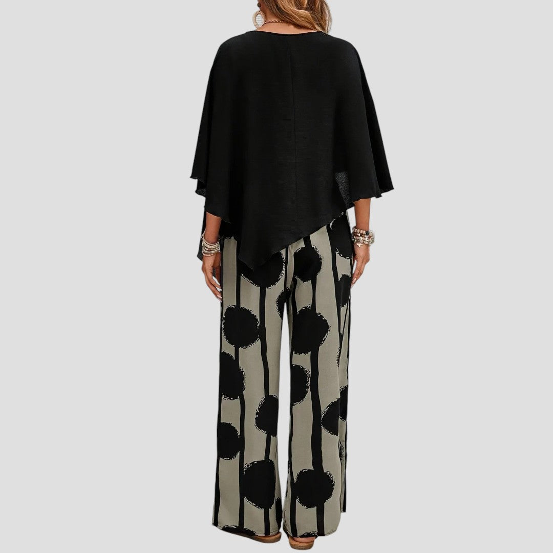 Milavie™ | Trendiges Damen-Set mit asymmetrischem Oberteil und bedruckter Hose