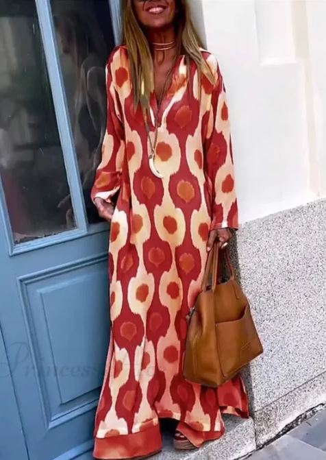 Boho-Kleid mit V-Ausschnitt, geometrischem Print und Herbstausschnitt