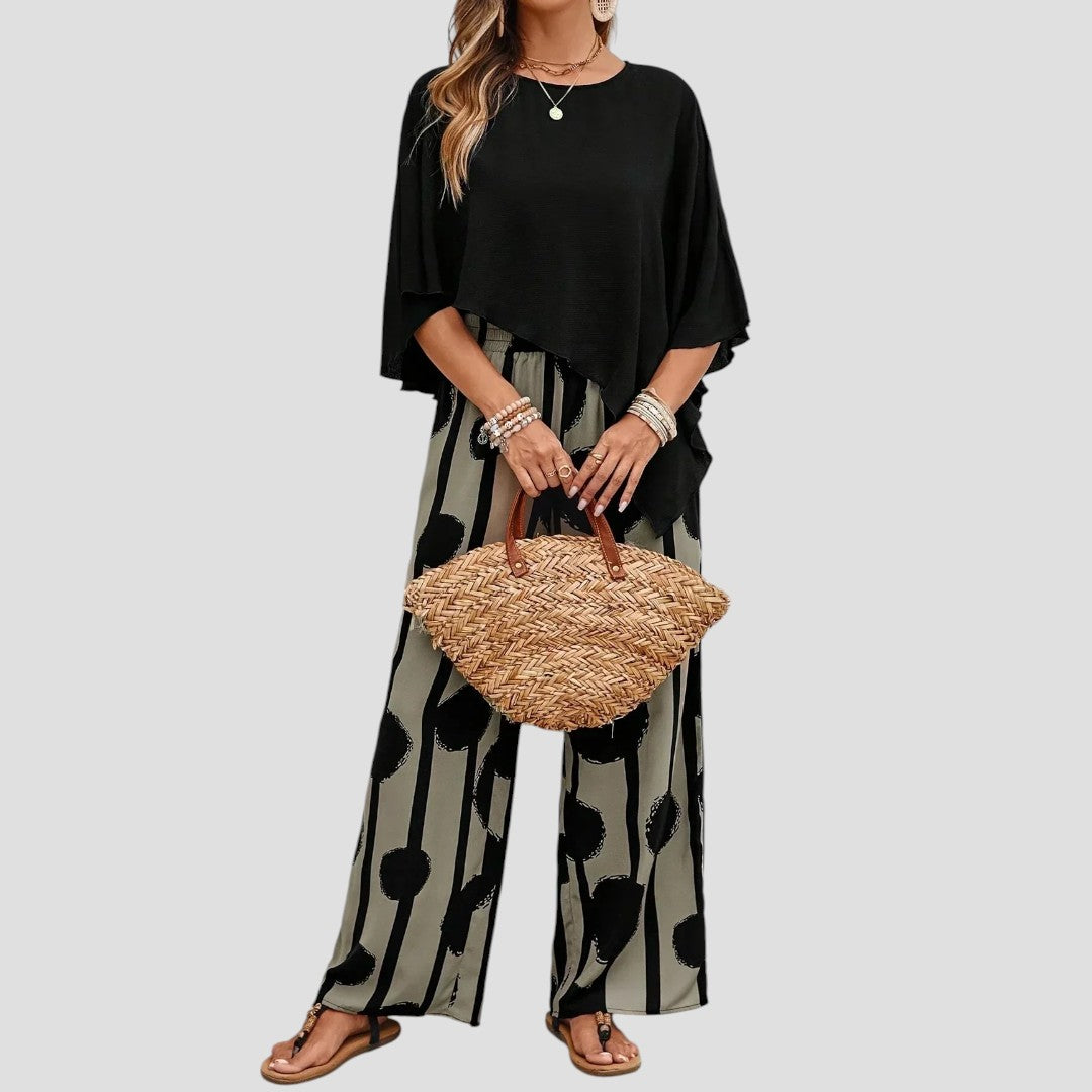 Milavie™ | Trendiges Damen-Set mit asymmetrischem Oberteil und bedruckter Hose