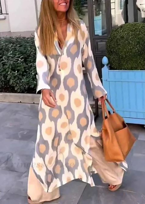 Boho-Kleid mit V-Ausschnitt, geometrischem Print und Herbstausschnitt