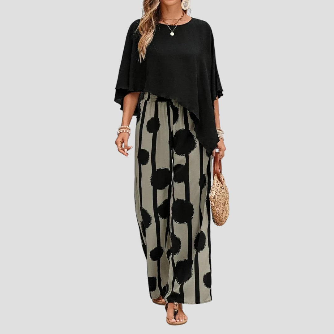 Milavie™ | Trendiges Damen-Set mit asymmetrischem Oberteil und bedruckter Hose