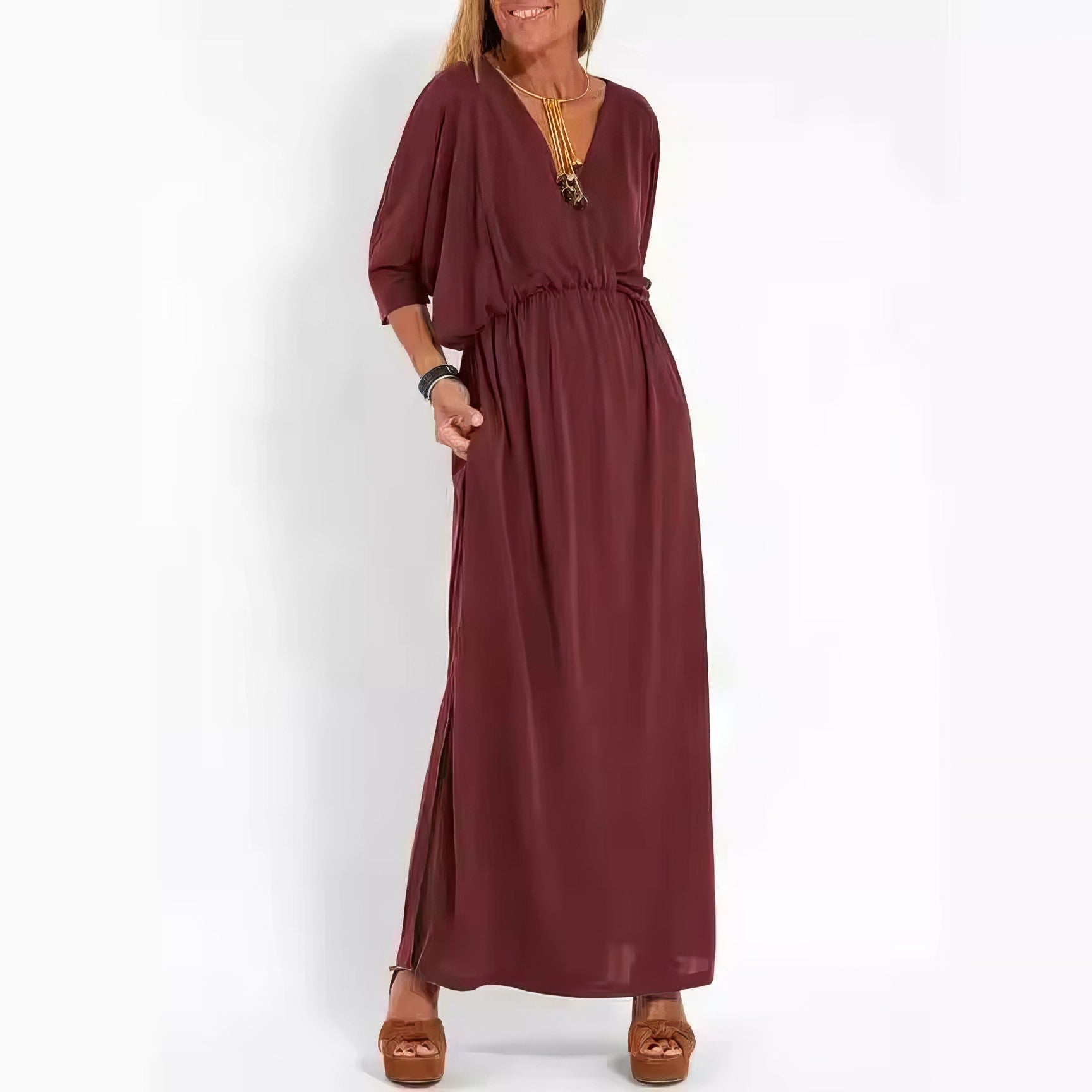 Langes Vintage-Abendkleid mit V-Ausschnitt und hoher Taille für Damen
