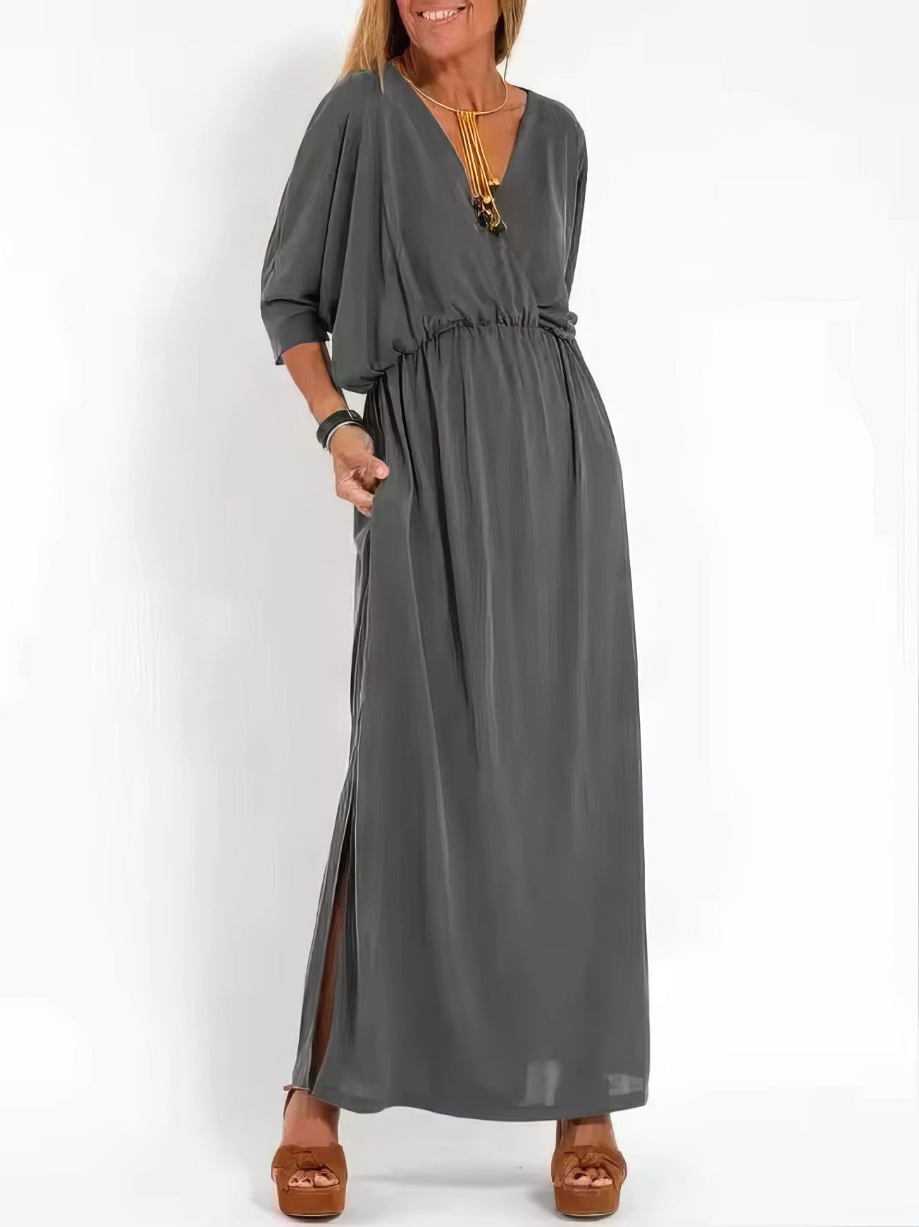 Langes Vintage-Abendkleid mit V-Ausschnitt und hoher Taille für Damen