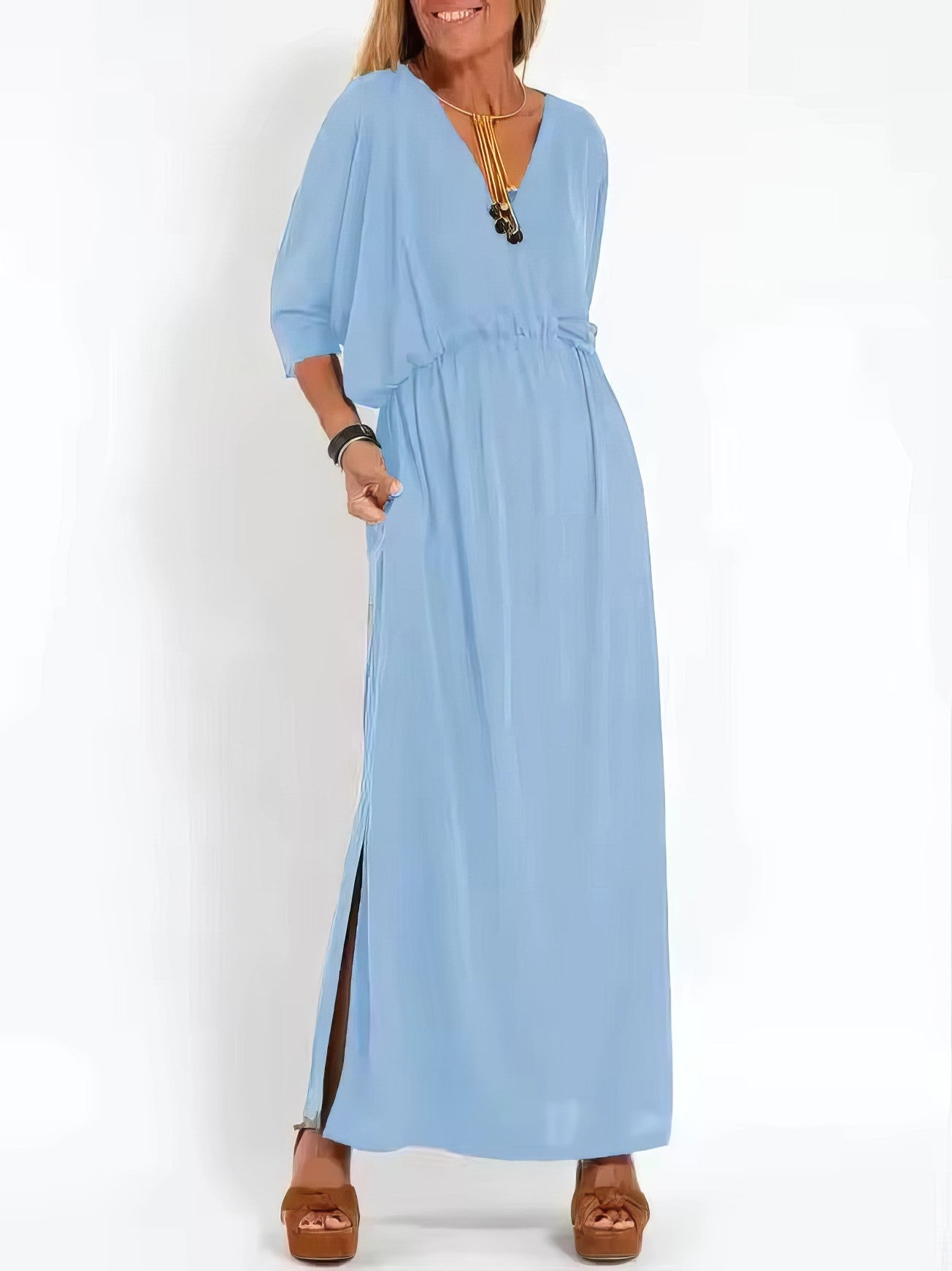 Langes Vintage-Abendkleid mit V-Ausschnitt und hoher Taille für Damen