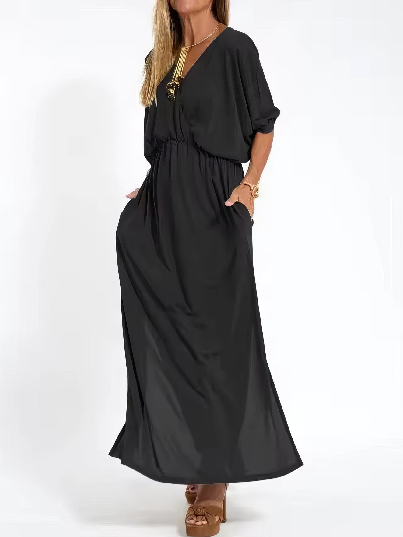 Langes Vintage-Abendkleid mit V-Ausschnitt und hoher Taille für Damen
