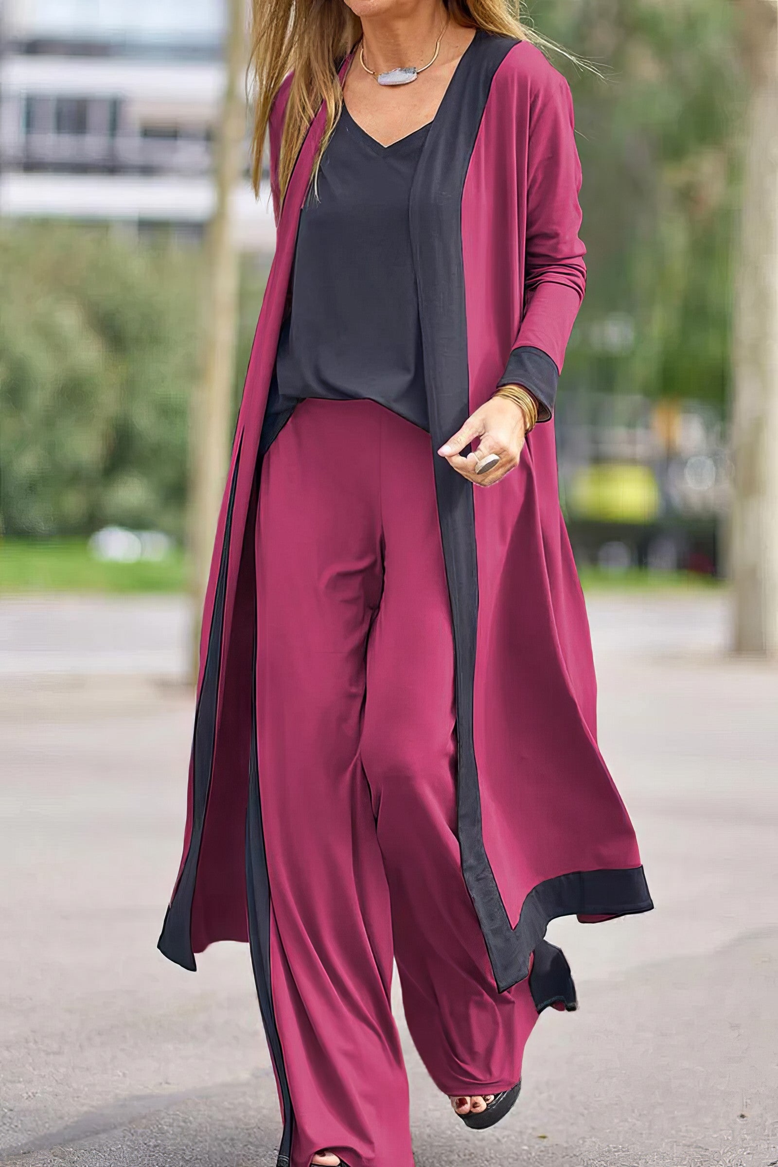 3-teiliges Set für Damen: Strickjacke, Top und weite Hose