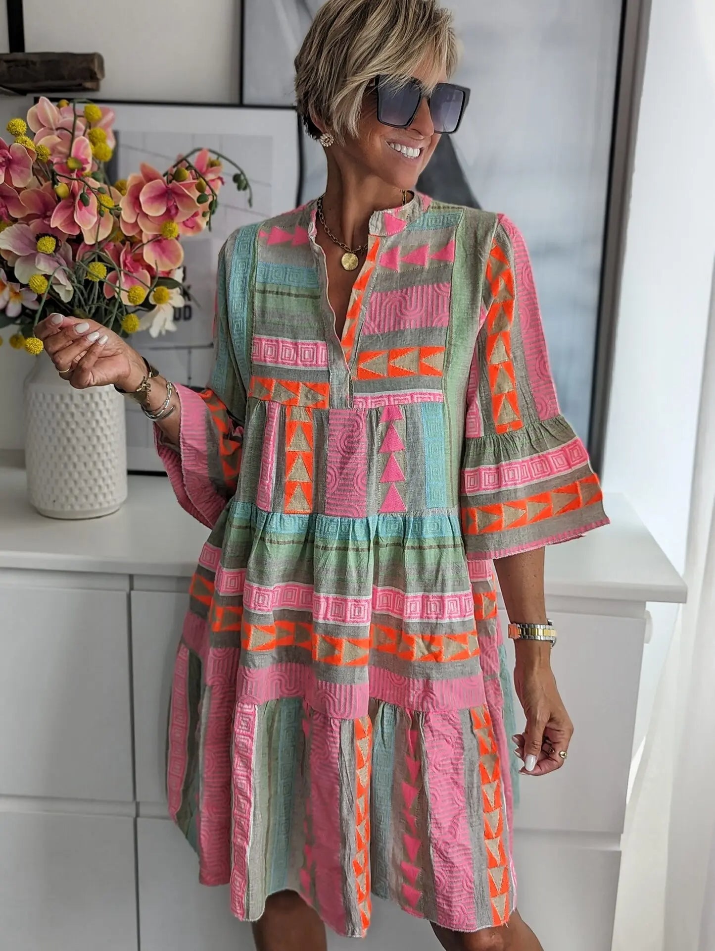 Chloe – Kurzes Boho-Kleid mit Streifenmuste