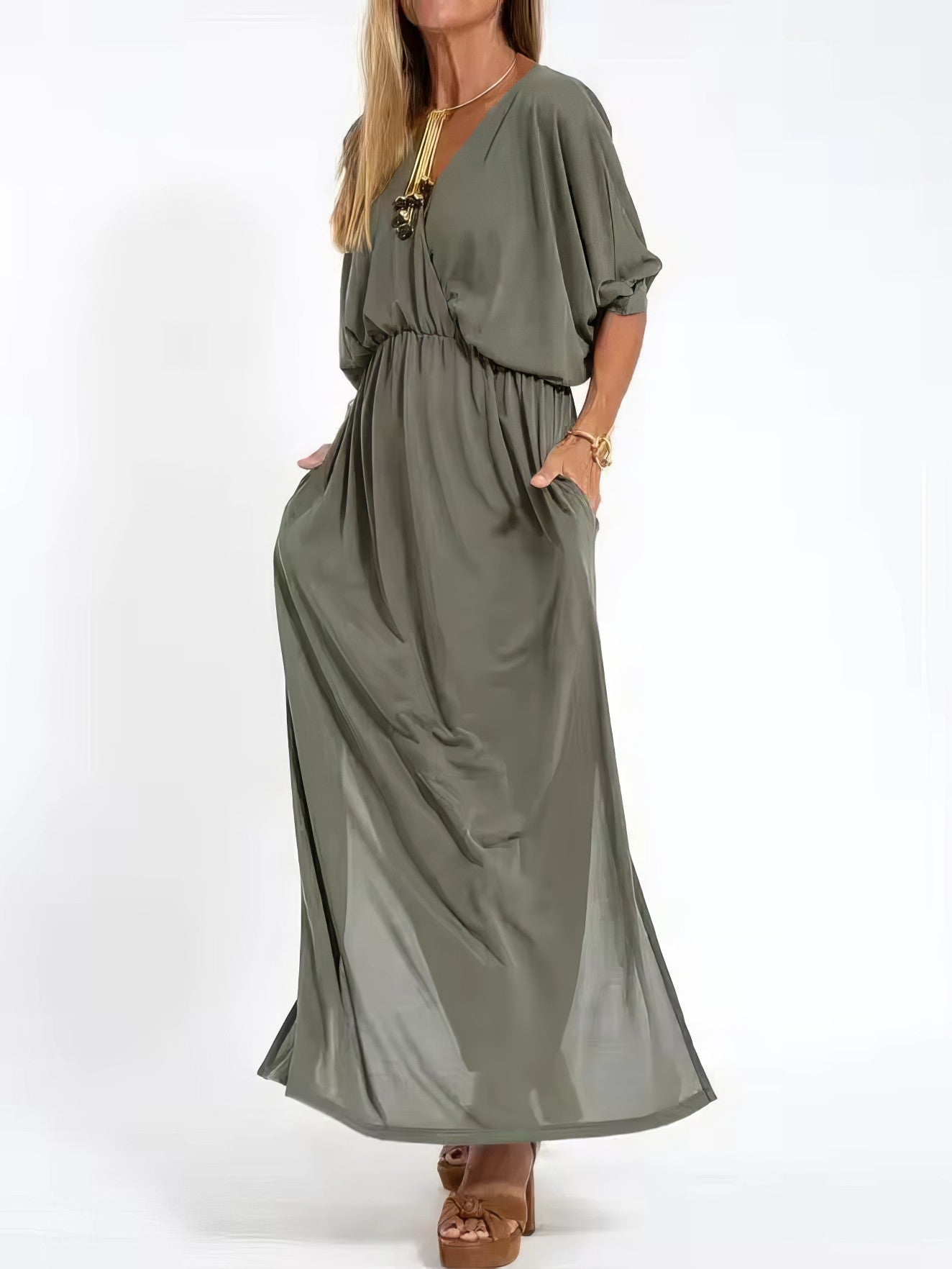 Langes Vintage-Abendkleid mit V-Ausschnitt und hoher Taille für Damen