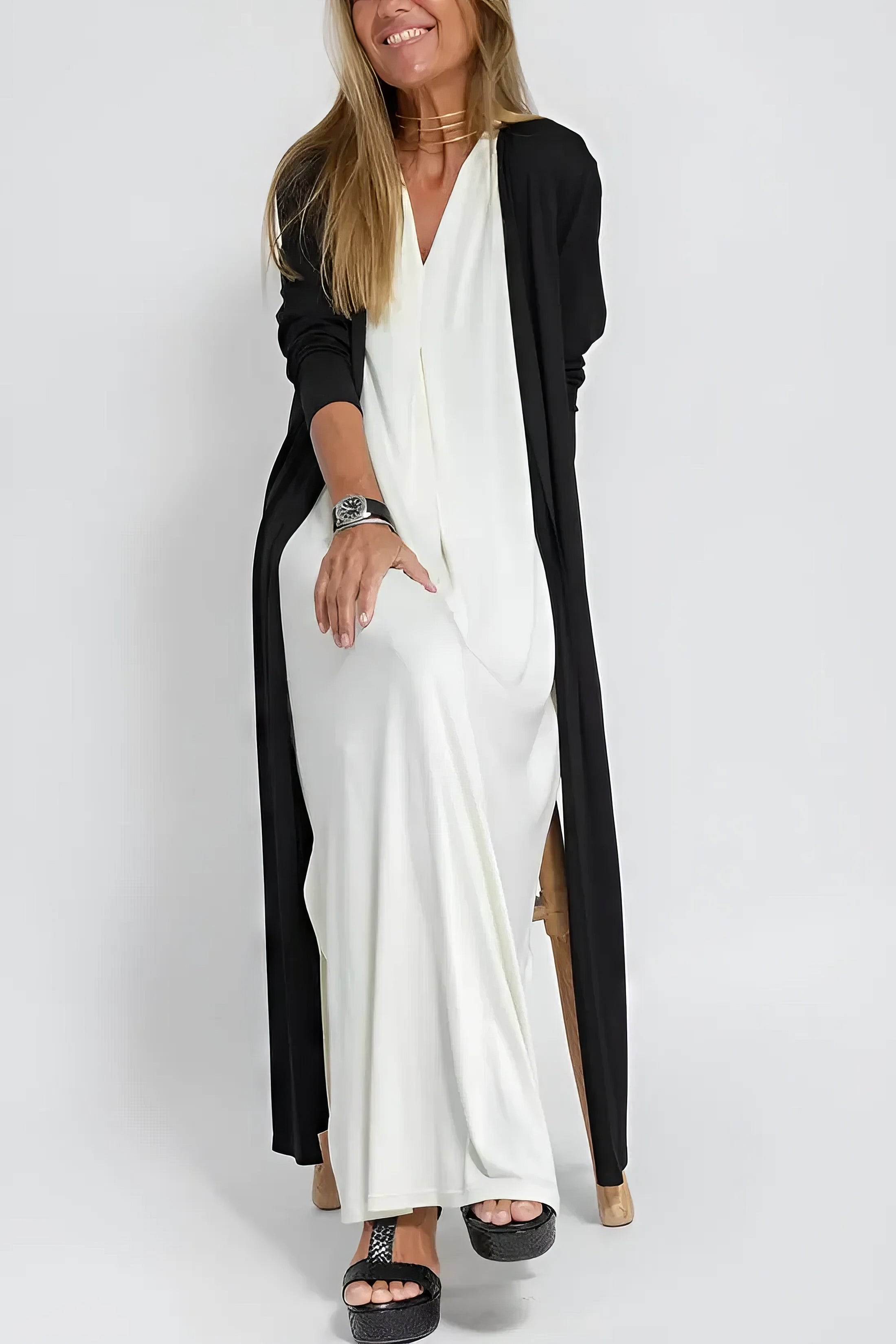 Elegantes langes Kleid + passender Cardigan GRATIS