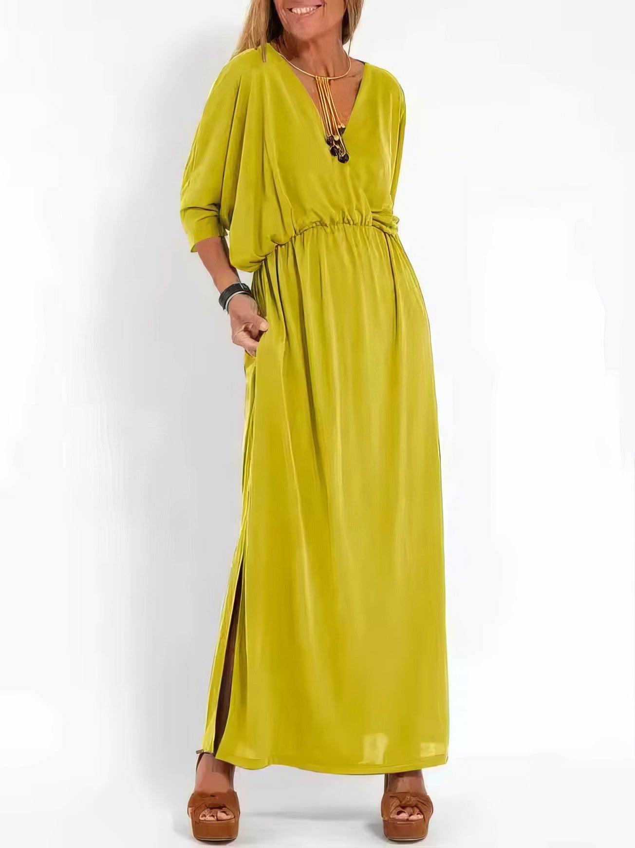 Langes Vintage-Abendkleid mit V-Ausschnitt und hoher Taille für Damen