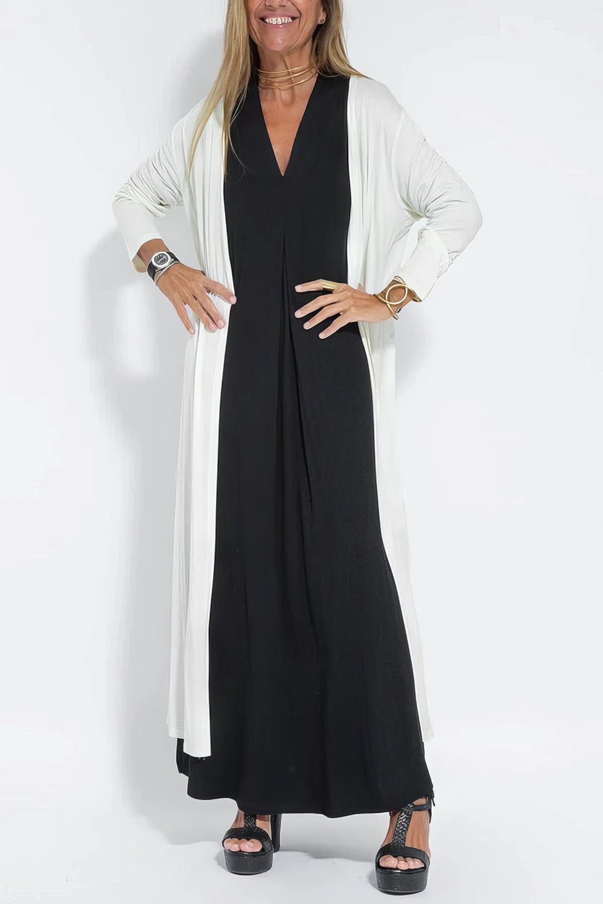 Elegantes langes Kleid + passender Cardigan GRATIS