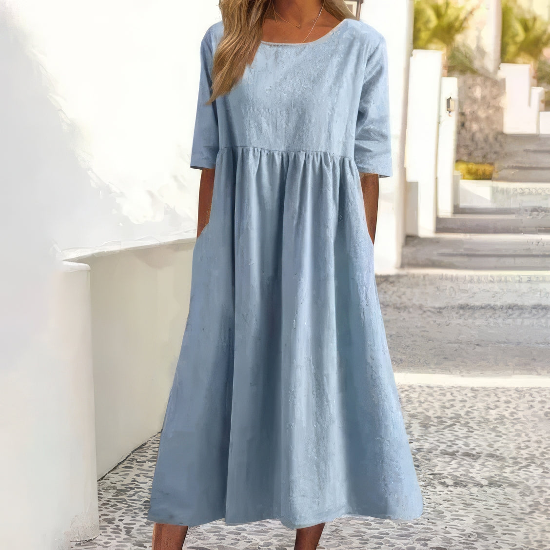 Baumwollkleid mit Rundhalsausschnitt und Taschen
