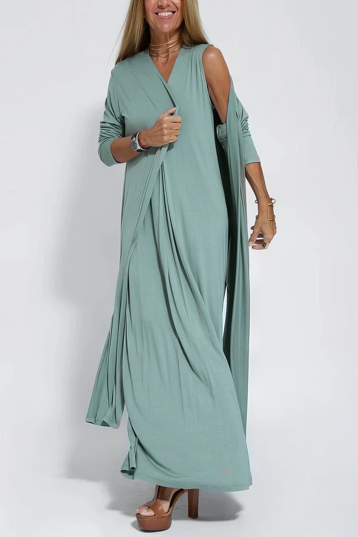 Elegantes langes Kleid + passender Cardigan GRATIS