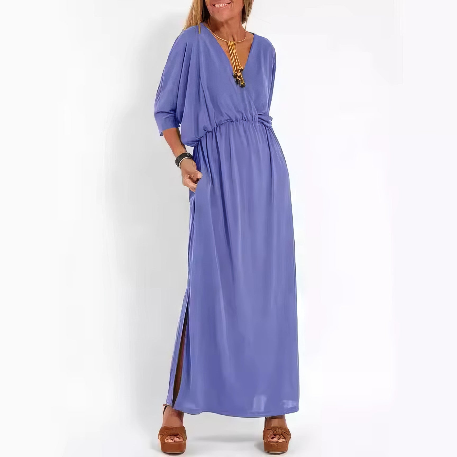 Langes Vintage-Abendkleid mit V-Ausschnitt und hoher Taille für Damen