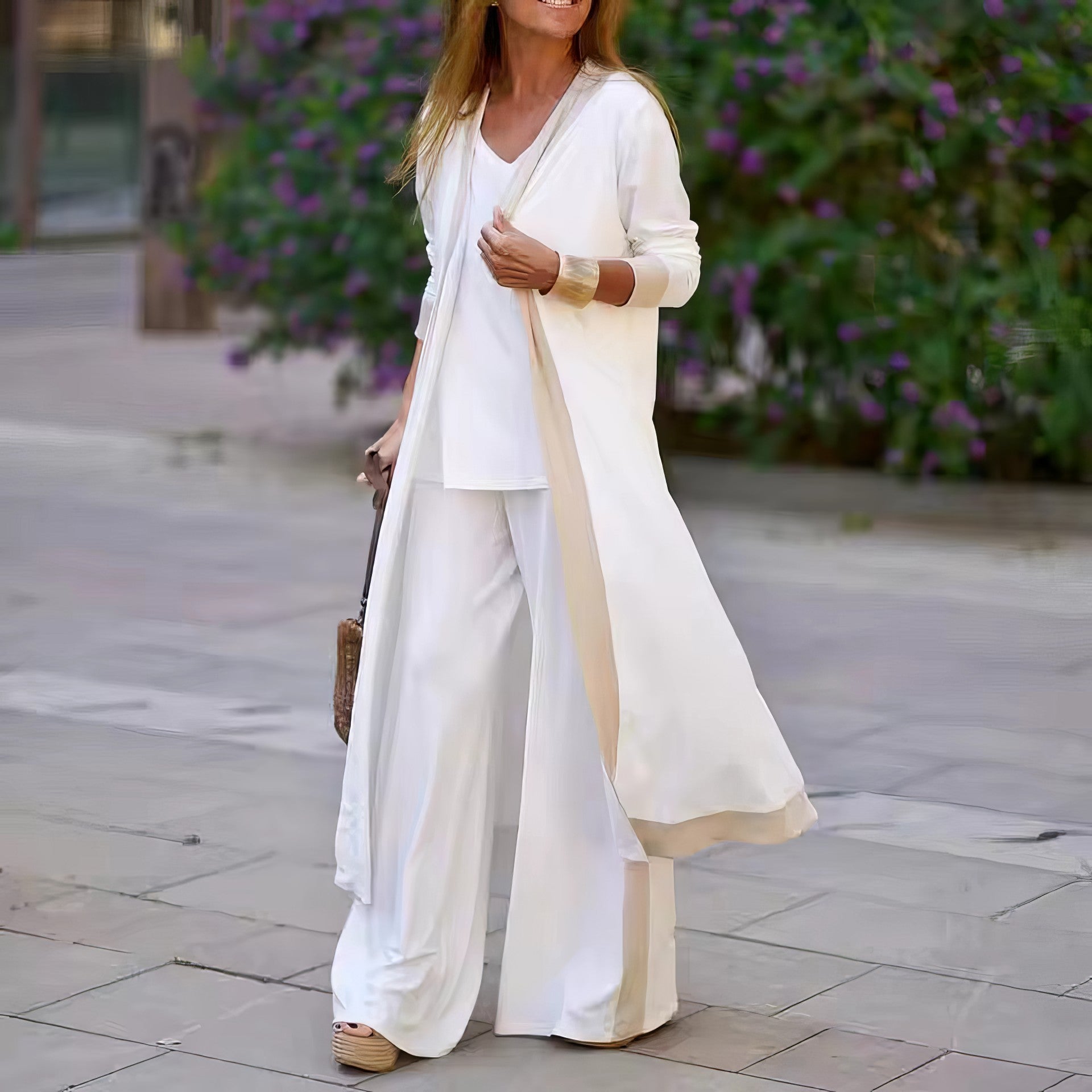 3-teiliges Set für Damen: Strickjacke, Top und weite Hose