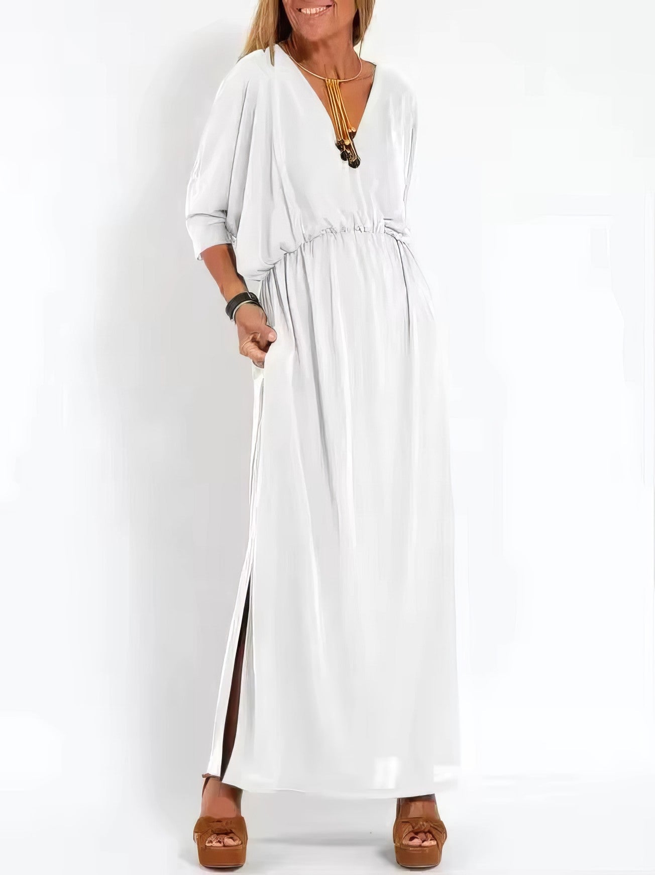 Langes Vintage-Abendkleid mit V-Ausschnitt und hoher Taille für Damen
