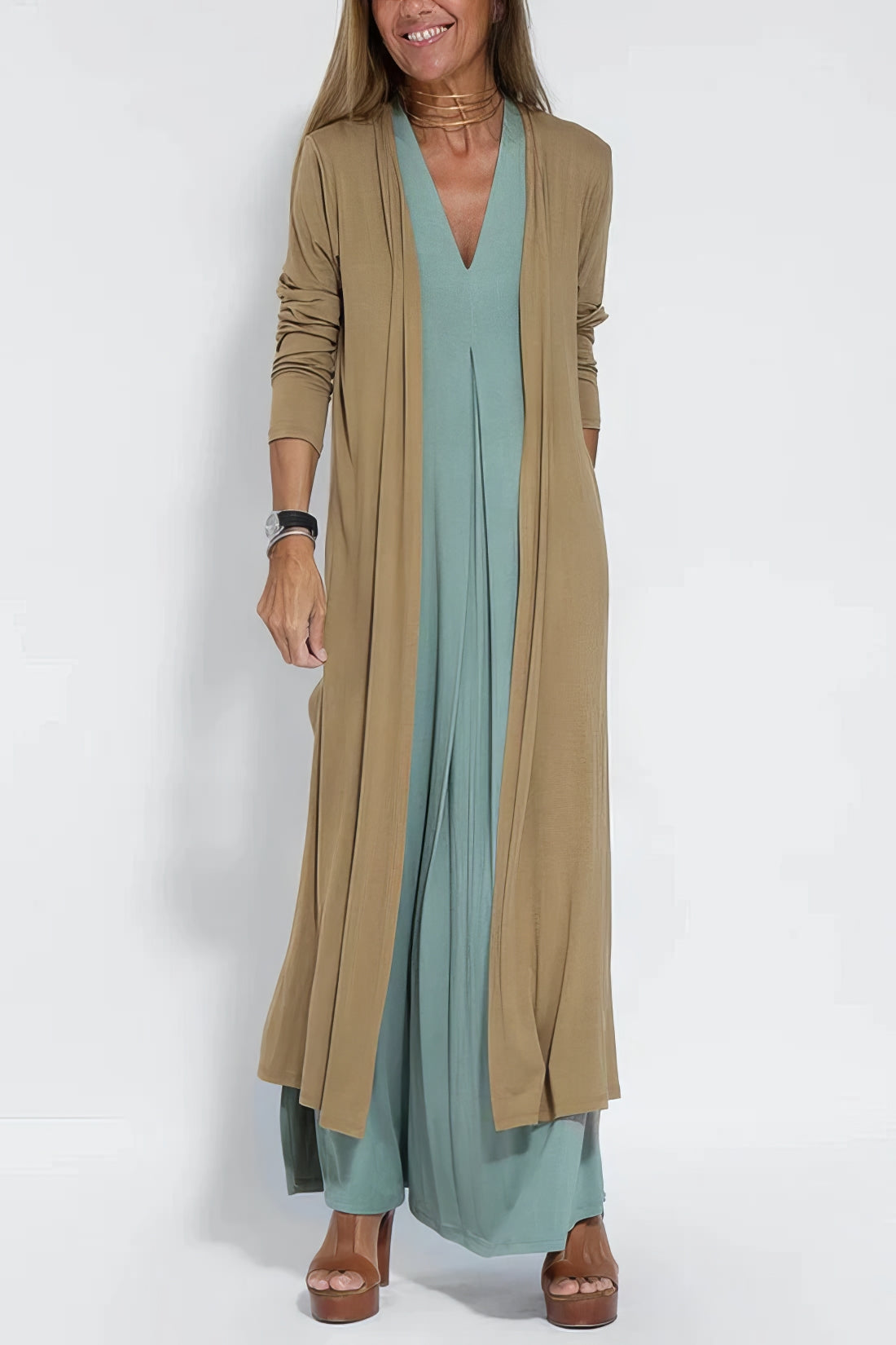 Elegantes langes Kleid + passender Cardigan GRATIS
