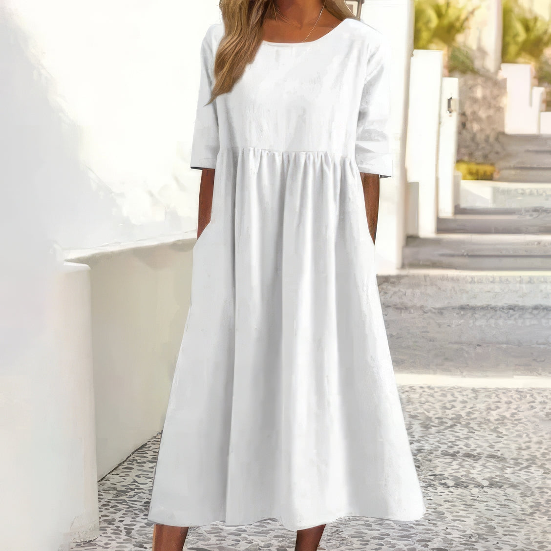 Baumwollkleid mit Rundhalsausschnitt und Taschen